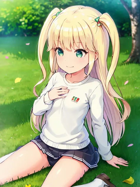 s○l○, 1 girl, highest quality, very detailed, (masterpiece), (illustration), school, outdoor, upper body, face, face focus, from front, , long sleeves, blonde hair, long hair, green eyes, two side up, eyebrows visible through hair, shine, bangs, shine, fla...