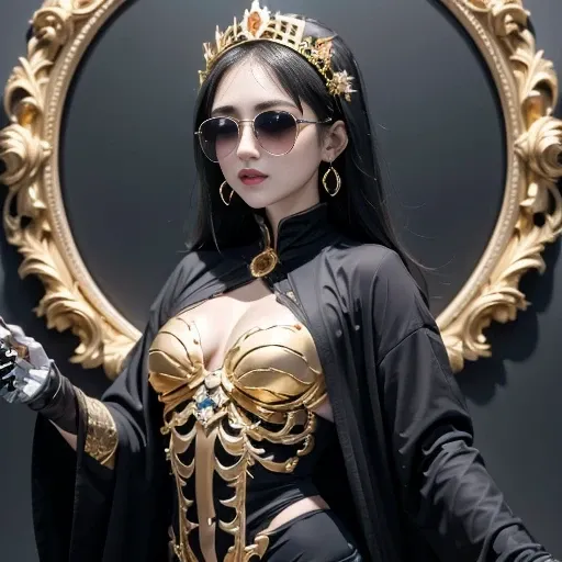 skelleton，Wear thick gold-framed reflective sunglasses，32K（tmasterpiece，k hd，hyper HD，32K）Light orange flowing hair，Silver skull jewelry area in the cave，Indigo Skull King ，Skeleton protector （The skeleton is realistic：1.4），Skull pattern robe，Silver skull ...