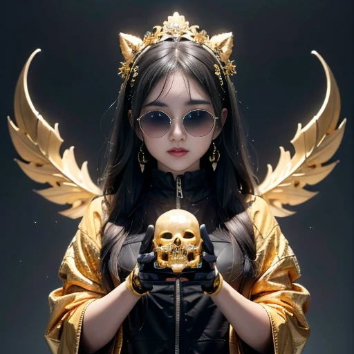 skelleton，wear thick gold-framed reflective sunglasses，32k（tmasterpiece，k hd，hyper hd，32k）light orange flowing hair，silver skull...