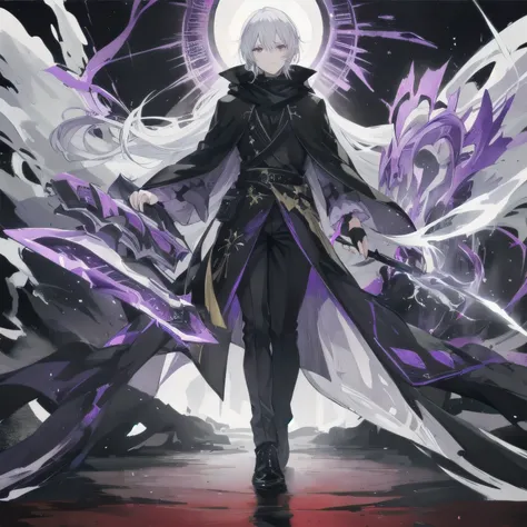 a man, bright white hair, bright purple eyes, wearing a black robe, black scarf with gold patterns, eerie aura, stand alone in the dark.