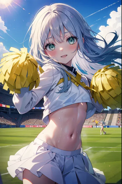 index, index, (green eyes:1.5), silver hair, long hair, (flat chest:1.2),(Cheerleader), (whole body), smile,blush,open your mouth,big breasts, lower, (sweaty), sweaty Wet Clothes, (白色Cheerleader服),, Belly button support, playground, (jump), (jump), 足を曲げてju...