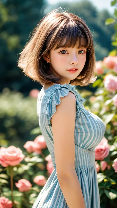 8k, RAW photo, Fujifilm, analog style photo of a beautiful young woman as avril with (huge breasts) in a light pink rose garden (highly detailed skin:1.2) Style-Petal BREAK
short hair, blonde hair with color streaks, blunt bangs, wearing a dress, film grai...