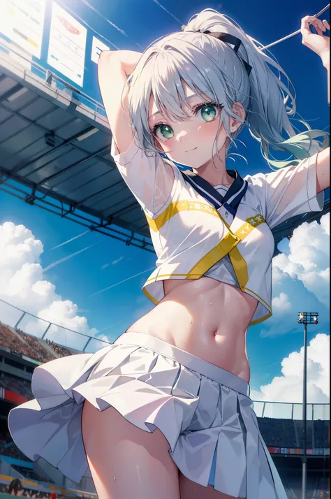 index, index, (green eyes:1.5), silver hair, long hair, (flat chest:1.2),ponytail,(Cheerleader), (whole body), smile,blush,open your mouth,big breasts, lower, (sweaty), sweaty Wet Clothes, (白色Cheerleader服),, Belly button support, playground, (jump), (jump)...