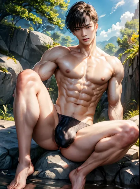 young man, 22 years old, Good looking, Looks like a Korean actor, หน้าตาเหมือน K pop idol, ใบหน้าhandsome, white skin, small mouth, Slender face, very short hair, well care hair, handsome, Confident eyes, fit, Broad shoulders, have abdominal muscles, naked...