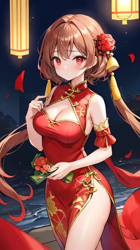 ((4K, ​Masterpiece, best quality)), 1 girl in, Light brown SHRT hair, Red eyes, Hair parted in the middle, medium breasts, Lovely, blush, Chinese dress，cheongsam，Charming cleavage，168CM