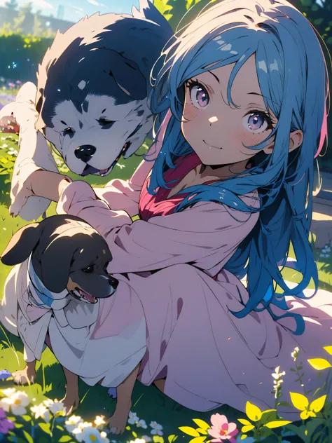 (Top Quality, Masterpiece, High Resolution, Detailed),4K,(Shining Eyes, Detailed Beautiful Face),Beautiful Animation,(1girl,cute),long hair, blue hair,pink eyes, (one piece dress), (Girl playing with dog:1.9),garden, clear sky