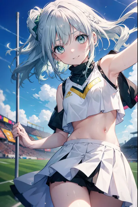 index, index, (green eyes:1.5), silver hair, long hair, (flat chest:1.2),ponytail,(Cheerleader), (whole body), smile,blush,open your mouth,big breasts, lower, (sweaty), sweaty Wet Clothes, (白色Cheerleader服),, Belly button support, playground, (jump), (jump)...