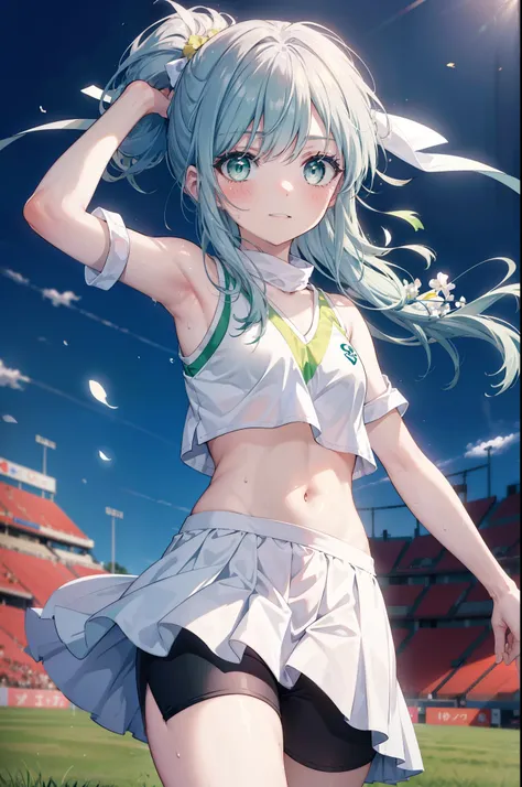 index, index, (green eyes:1.5), silver hair, long hair, (flat chest:1.2),ponytail,(cheerleader), (whole body), smile,blush,open ...