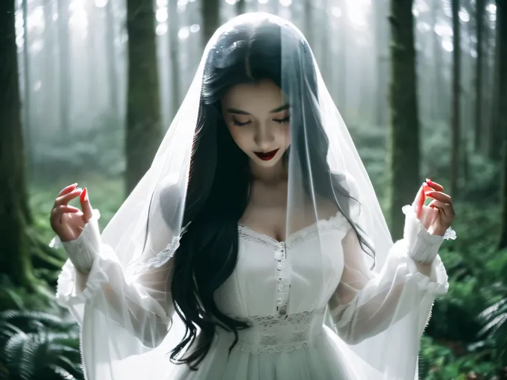 Vampire woman in white long-sleeved dress　Loose sleeves　long black hair　Ribbon on chest　Wearing a veil　She is spreading her arms to tempt the man.　photograph　whole body　The background is a misty forest　Mystical feeling