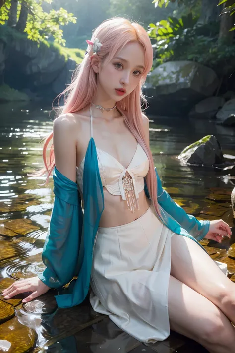 Rose from blackpink, pink hair, (full body), wearing medieval long clothes, sitting on a rock, feet in the water, Drenched hair, The background is a forest, sunset, (masterpiece, best quality, award winning, highres), skinny, intricate and beautiful design...