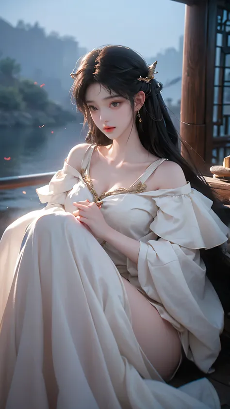 gufeng,bare shoulders,(masterpiece, best quality:1.2), 1girl, solo, ((off shoulder clothes)), in the depths of wonderland，the mo...