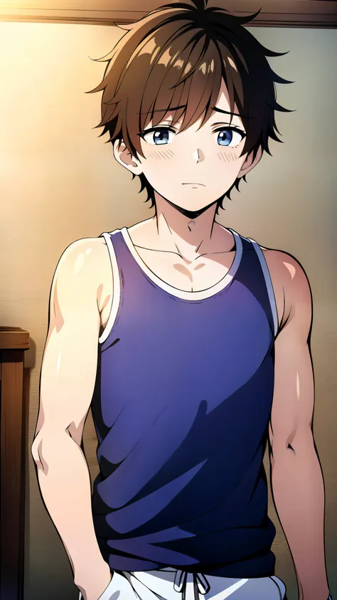 highres,Masterpiece, Best quality at best,Best Quality,hight quality, hight detailed, Anime style, 1boy, Little Boy, Shota, indoor, Cheerful boy, basket uniform,Tank Tops, (Show his armpit, ooth armpit), boy focus, Uhd, Simple beckground