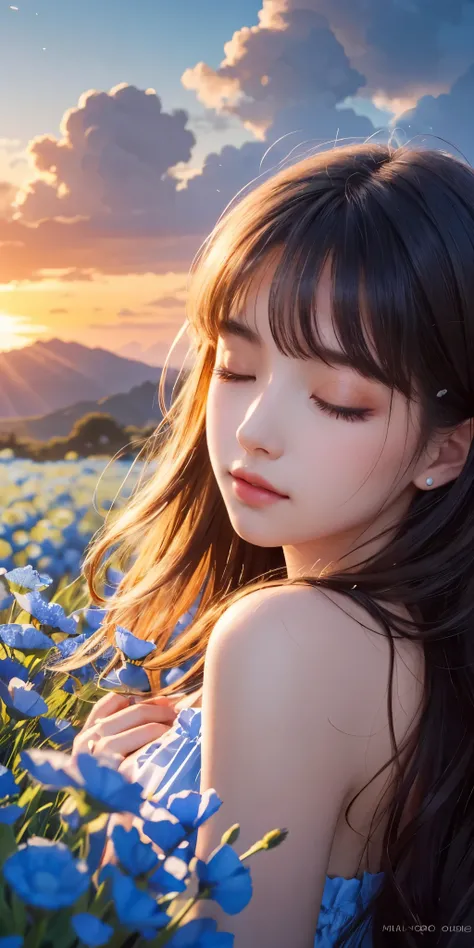 best image quality, excellent details, ultra high resolution, (realism: 0), best illustrations, prefer details, condensed 1girl, delicate and beautiful face, long hair, messy hair, A CG painting expressing the beautiful scenery of Nemophila Hill, Highest q...