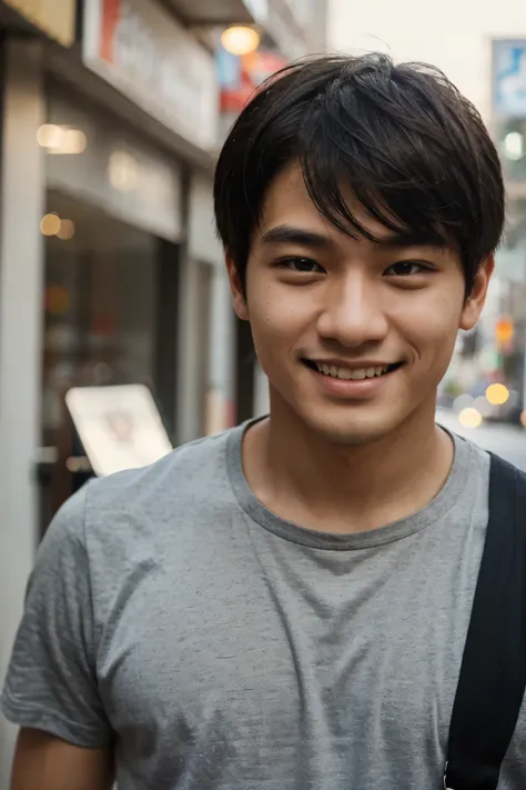 The person in the picture is a young Asian man.,  He had a friendly, friendly smile with a slightly messy face.. His eyes were bright., And he seems to be looking directly at the camera in a playful and attractive manner.. Men&#39;s skin is fair., and the ...