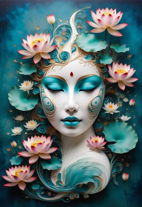 Imagine a tranquil scene inspired by Buddhist philosophy,A vibrant lotus flower stands against a background of intense turquoise tones。The lotus symbolizes purity and enlightenment,Complex petals bloom,exudes a sense of tranquility。As you gaze deeper into ...