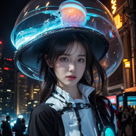 (highest quality、4k、8k、High resolution、master piece: 1.2)、Super detailed、(real、photorealistic、photorealistic: 1.37)、Destruction of a Great City、(A telekinetic woman stands in front of a giant jellyfish robot controlled by an invader.:1.37) 、(Women are youn...