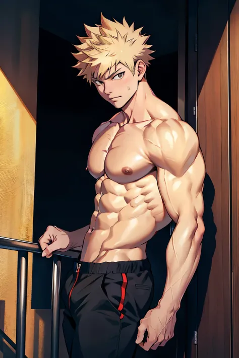 Katsuki Bakugo from Boku No Hero Academia, wearing black pants, bodybuilder, with oiled skin, posing, defined body, shirtless, abs