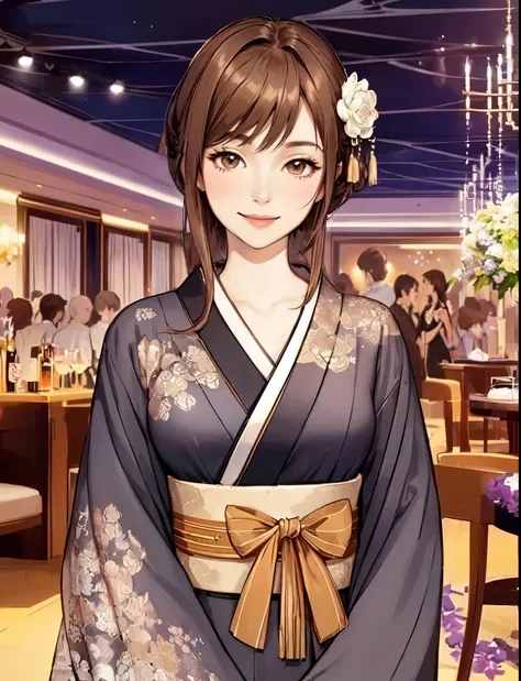 1lady solo, standing elegantly, (kimono dress) stylish, vibrant belt, mature female, /(brown hair/) bangs, kind smile, (masterpiece best quality:1.2) delicate illustration ultra-detailed, large breasts BREAK (luxurious  venue) indoors, crowded, chandeliers...