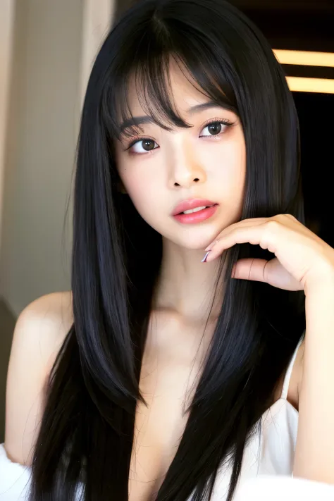 ((highest quality)), ((masterpiece)), (be familiar with), perfect face　((highest quality)), ((masterpiece)), (be familiar with), perfect face　arafed woman with long black hair standing in front of a wall, long black shiny hair, black silky hair, Extra Dark...