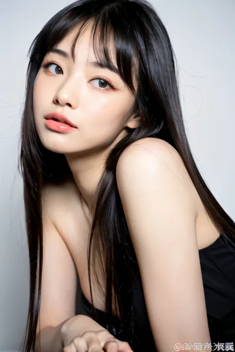 ((highest quality)), ((masterpiece)), (be familiar with), perfect face　((highest quality)), ((masterpiece)), (be familiar with), perfect face　arafed woman with long black hair standing in front of a wall, long black shiny hair, black silky hair, Extra Dark...