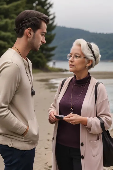 Sowell Bay, Washington, 2023. A young ((((30-year-old)) Cameron Cassmore)), talking with an old lady, ((shock expression)), ((((clothings from the 2020s)))), ((hairstyle of the 2020s)) 