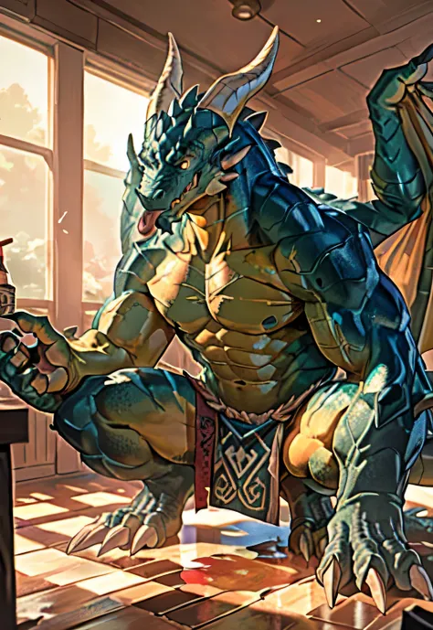 alone, (muscular), (Male human dragon):1.3, Bright scales, (Kamimei):1.3, (Common:1.4) (prayer):1.23, (，Wearing a short white loincloth）, exquisite eyes, lizard tail,A pair of dragon horns, A pair of dragon wings, (exquisite eyes，stripe，sharp claws，Cute an...