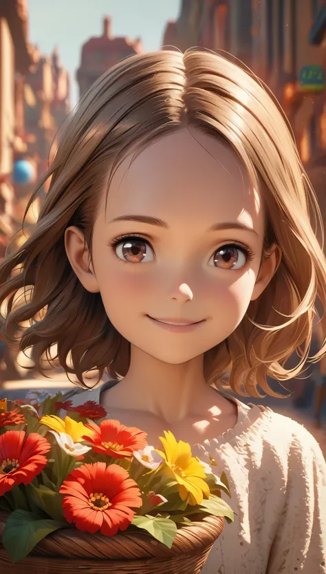 (Pixar style: 1.25) Portrait of a little girl, Natalie Portman, Smile, Waist length，Flower basket full of flowers, natural skin texture, 4k texture, high dynamic range, complicated, Very detailed, sharp focus, cinematic look, Super detailed