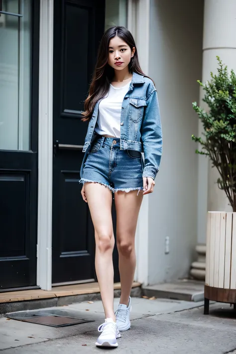 [full body shot portrait] [24-28 Years Old indonesian beutiful girl] [dark straight long hair] [wind] [dressed like a Femme Office style] [Happy expression on face][Photo taken in front of a Luxury mansion] [type of illumination: fluorescent lighting], wea...