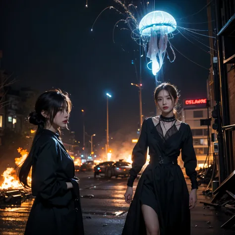 (highest quality、4k、8k、High resolution、master piece: 1.2)、Super detailed、(real、photorealistic、photorealistic: 1.37)、Destruction of a Great City、(A telekinetic woman stands in front of a giant jellyfish robot controlled by an invader.:1.37) 、(Women are youn...