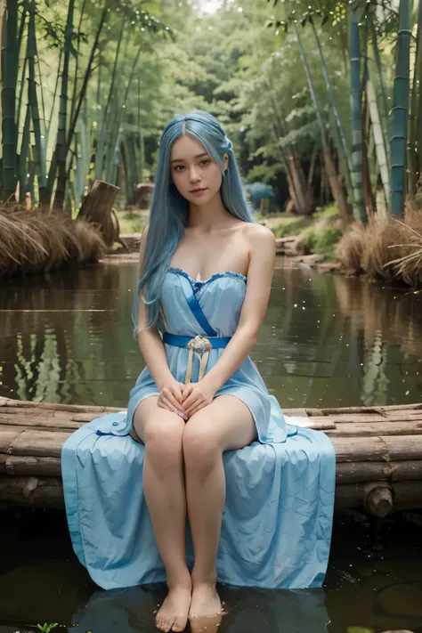 Masterpiece, Best Quality, Official Art, 8k Wallpaper, Very Detailed, Illustration, 1 Girl, Sky Blue Hair, Long Hair, Detailed Eyes, Forrest Gump, Bare Shoulders, Hanfu, Lake, Pure, Soft Smile, bamboo, tea