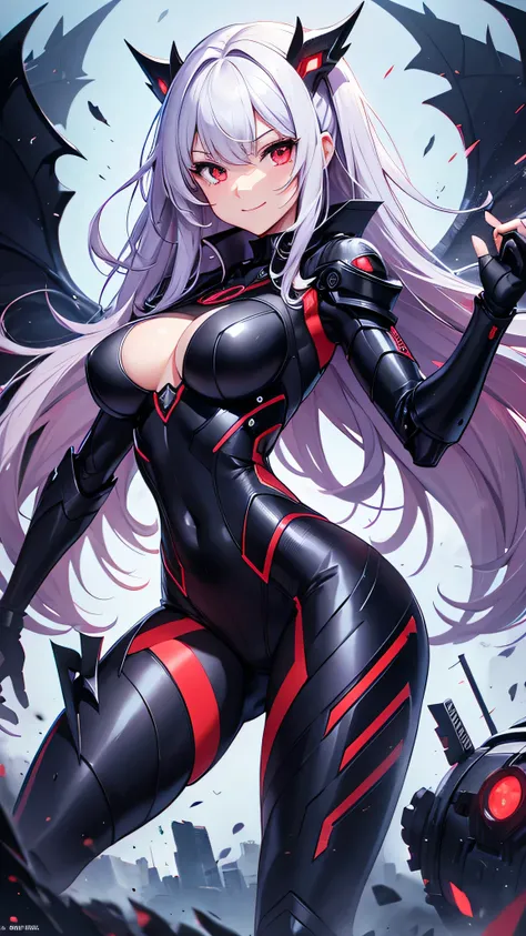 最high quality、best image quality、masterpiece、android girl((18-year-old、 By becoming、vest bust、medium bust,wide open breast tea、red glowing eyes, water hair、messy hair、long hair、thin,highest valley、Blue robot body、Shiny red body、Close ~ eyes、attack、Show the...