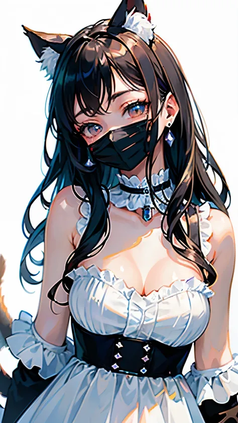 (highest quality, masterpiece, High resolution)、(anime art)、,cinematic light、soft light、girl、black hair、Black cat costume、cat ears、  hair ornaments、choker、enchanting smile、Medium chest、Nyan Pose、((white background))、