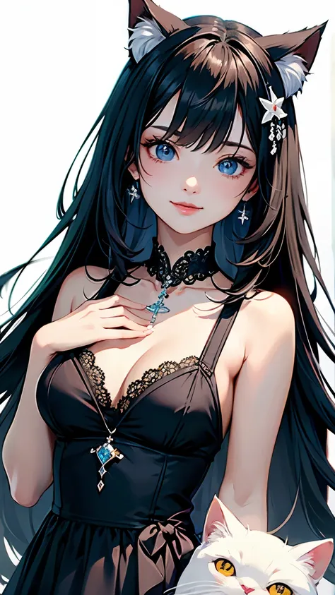 (highest quality, masterpiece, High resolution)、(anime art)、,cinematic light、soft light、girl、black hair、White cat costume、cat ears、  hair ornaments、choker、enchanting smile、Medium chest、Nyan Pose、((white background))、