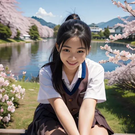 cute teenage girl, cute smile、pretty face、Height: approx. 160cm, brown eyes, ((Wearing a Japanese high school uniform))、wear a pleated skirt、In the row of cherry blossom trees、double ponytail black hair, masterpiece, 最high quality, 超high quality, high qual...