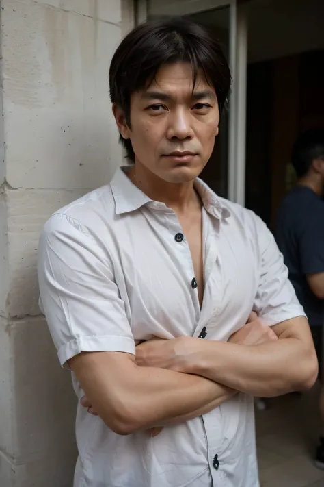 Oriental Man, Man in his 50s, Short hair, arms crossed, wrinkled long sleeve shirt, angry expression