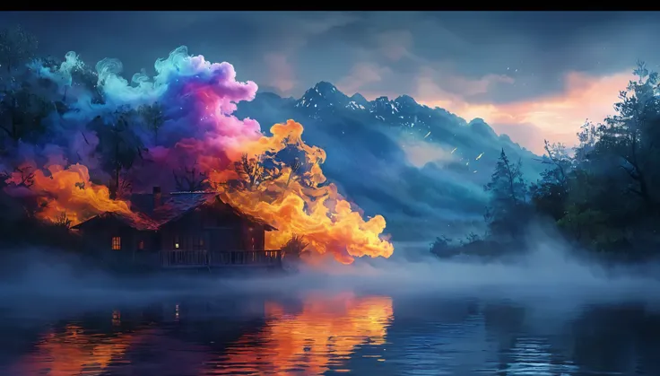 There was smoke coming out of a house in the water, Magical colors and atmosphere, Magical colors and atmosphere, Colorful fire, Glowing colorful fog, very Beautiful digital art, 4k high definition matte digital, Beautiful art ultra hd 4k, Beautiful digita...