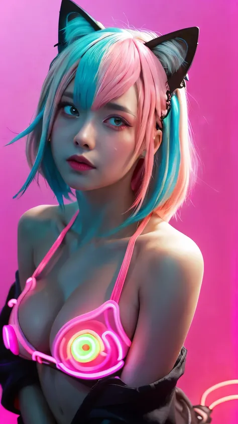 {{masterpiece}},{{highest quality}},enlightenment,1 perfect portrait of a girl, A fascinating eye for perfect detail), colorful hair,(gradient hair), (neon pink hair:1.6),(Cat ear),Slim and tall body type, fantasy background, {exposed bare shoulders},{long...