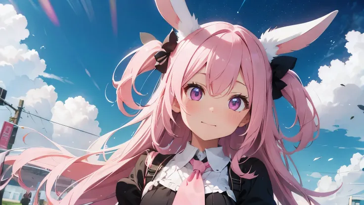 highest quality, pretty girl, pastel colour, fluffy rabbit ears, pink long hair,light pink eyes,Small devil,cosplay