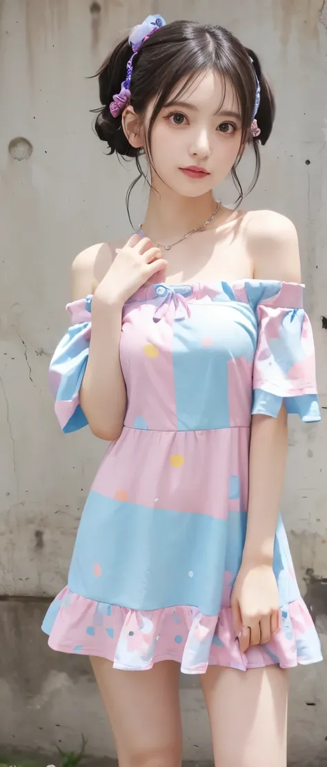 Fairytale punk idol girl、、Pastel pink and blue bone print mini dress（off shoulder）、tall、good style、whole body、colorful hair、、、