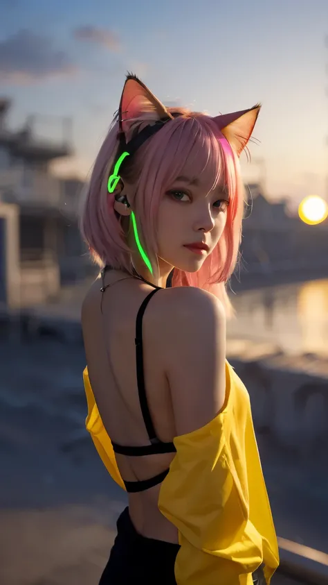 {{masterpiece}},{{highest quality}},enlightenment,1 perfect portrait of a girl, A fascinating eye for perfect detail), colorful hair,(gradient hair), (Neon Pink hair:1.2),(cat ears),Long and slim body type, fantasy background, {exposed bare shoulders},{lon...