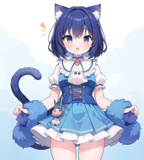 Haru Yoshioka, , blue skirt, animal hands, pawhands, whiskers, tail, front view, cat girl, 1girl,, masterpiece, best quality, highres,