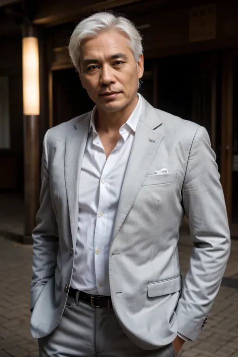 Man in his 50s, white hair, Oriental Man, semi formal, thick hair, suit mai