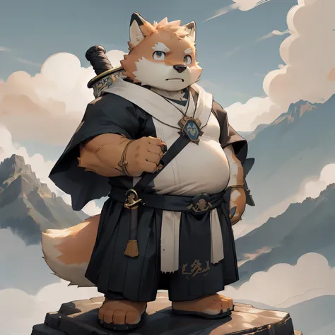 New Jersey 5 Hairy, fox，Full body portrait of an individual, male,exquisite， chubby，thick arms，Orange plush fur，Mountain Top，Cloud，shrouded in mist，Monk，全套Xian Xia服装，Cultivation，Xian Xia，Sword and Fairy