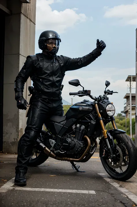 Black commando on a superbike