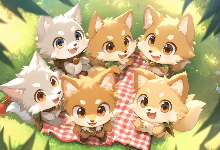 anthro, kemono, male, (chibi:1.2), ((adventure costume)), ((cute)), ((wolf) fluffy fur, fluffy), detailed face, detailed eyes, (close up:1.5), (happy, excited), (at lawn forest:1.5), group shot, detailed background, (high quality, highres, masterpiece), (d...