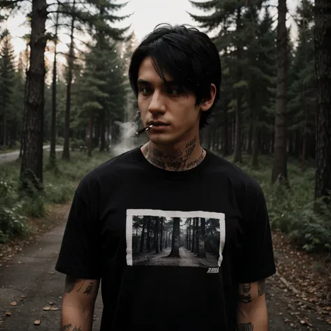 man,(Emo) smoking,(black woods shirt),(black hair)