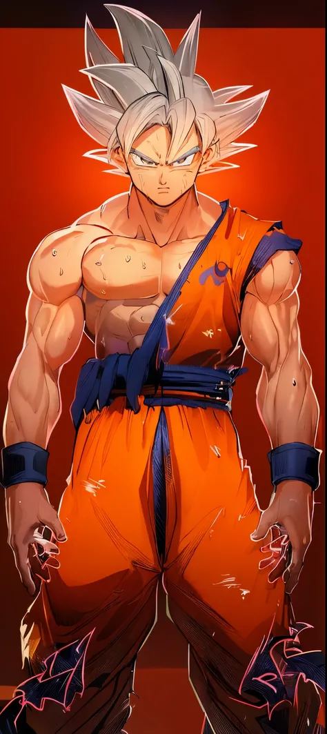 (highres,masterpiece:1.2),goku training at a bodybuilding gym,strong muscular man,impressive muscular physique,strong arms and legs,intense sweat and determination,steely focus,gokus iconic spiky hair,gokus fierce expression,athletic energy,gokus orange an...