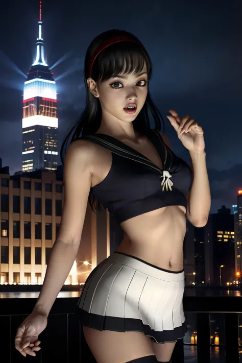 spider woman，mini skirt、スパイダーカラーのmini skirtスーツ，with the sky tree in the background、超mini skirt、両手でスカートを持ち上げてwhite pantiesを見せる、wh...