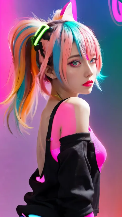 masterpiece, highest quality, 4K, Photorealistic, bokeh, enlightenment,1 perfect portrait of a girl, (A fascinating eye for perfect detail:1.2), colorful hair, (gradient hair), (neon pink hair:1.6), (Cat ear), fantasy background, (exposed bare shoulders), ...