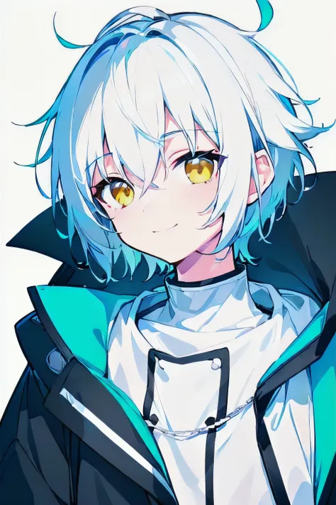 [(WHITE BACKGROUND:1.5),::5], ((((masterpiece)))), high quality, ultra_very_high_resolution, large_filesize, full color, (((solo))), ((little boy)), ((((white color short hair)))), yellow eyes, anime, upper body, neon light, black parka, smile